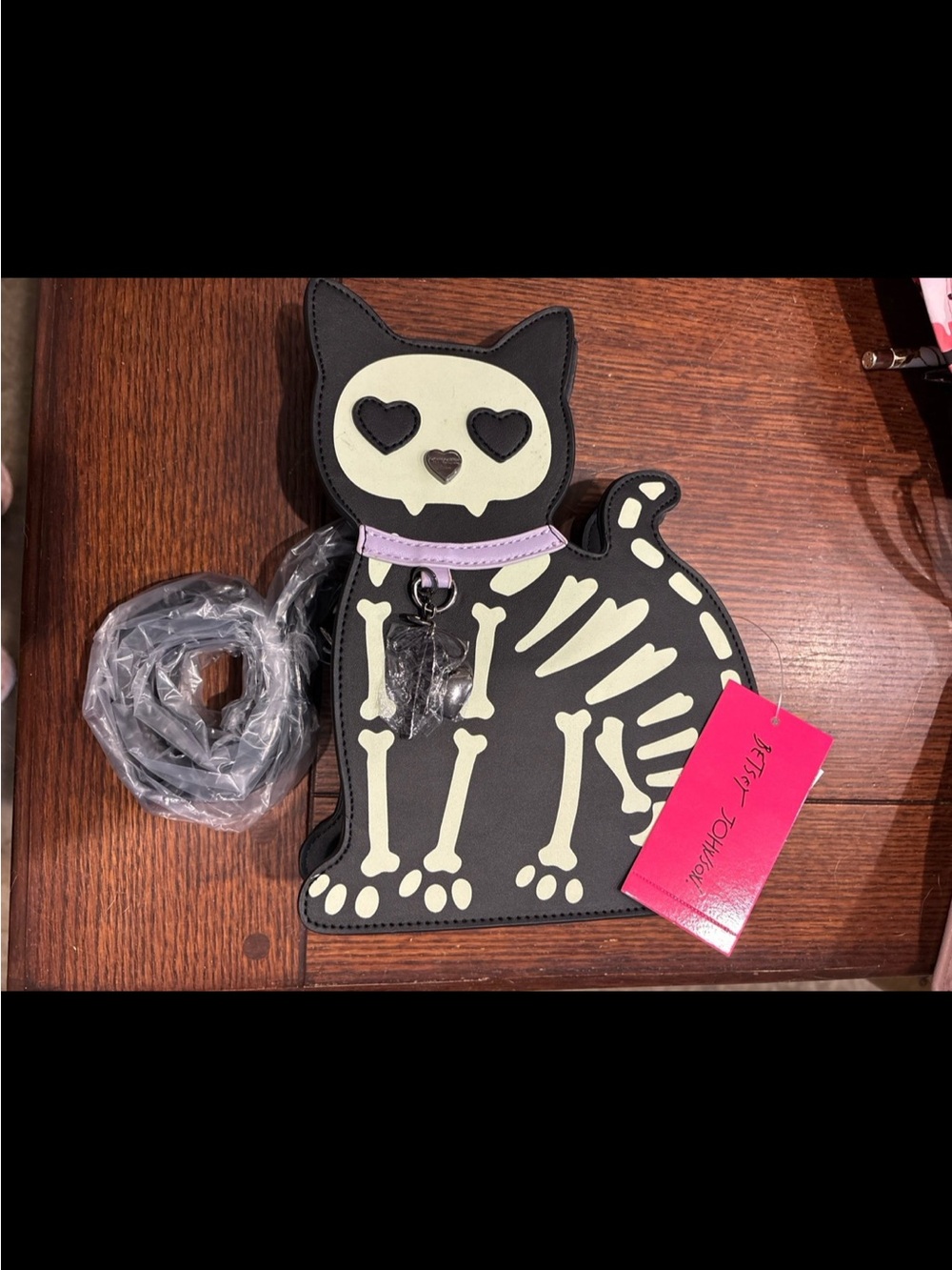 Betsey Johnson Black Cat Skeleton Crossbody Bag with Lavender Collar